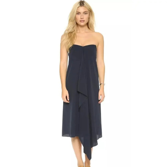 TIBI Strapless Towel Dress Navy Silk Size 2 Chic Effortless Drape Front - Picture 13 of 13